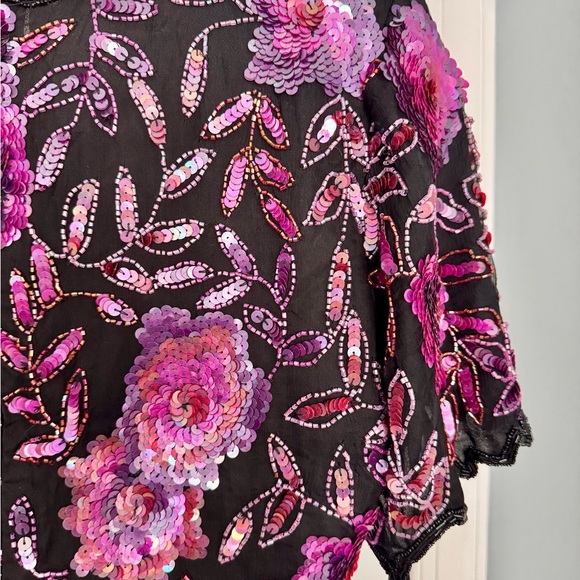 Stunning Vtg Lawrence Kazar Paris~ NY Black Silk Sequin Scalloped Hem Top L - Picture 4 of 5